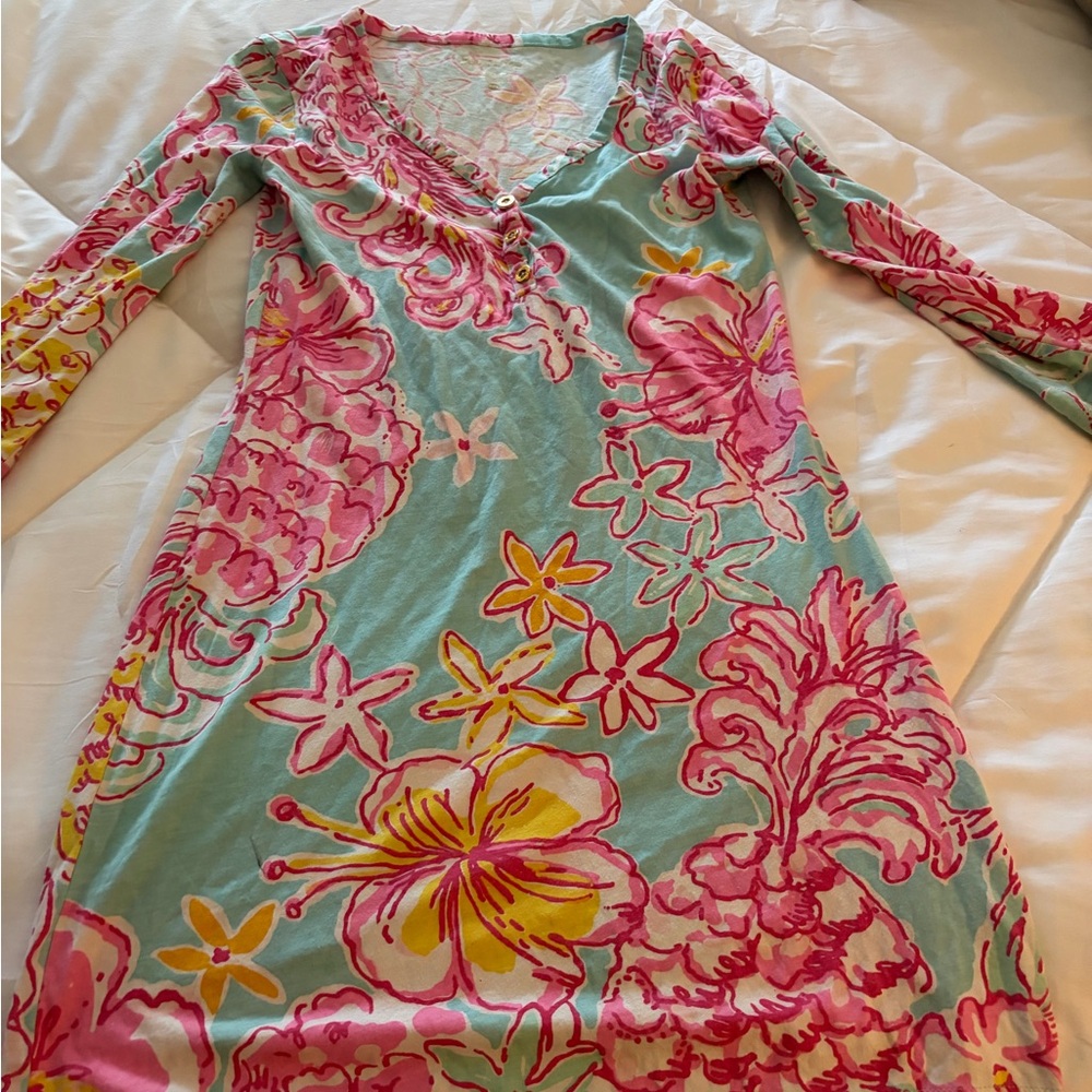 Lilly Pulitzer Aqua Floral Long-Sleeve Maxi Dress in Pink & Yellow